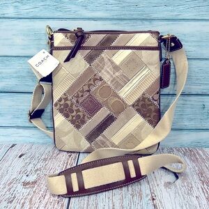 🌺 COACH KHAKI PATCHWORK BROWN MULTI SWINGPACK BRASS KHAKI CROSSBODY F41705